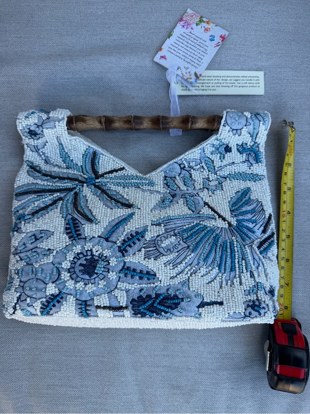NWT BEADED PURSE Blue Floral BAG w Bamboo Handle Sequin Statement Bag - Picture 12 of 16